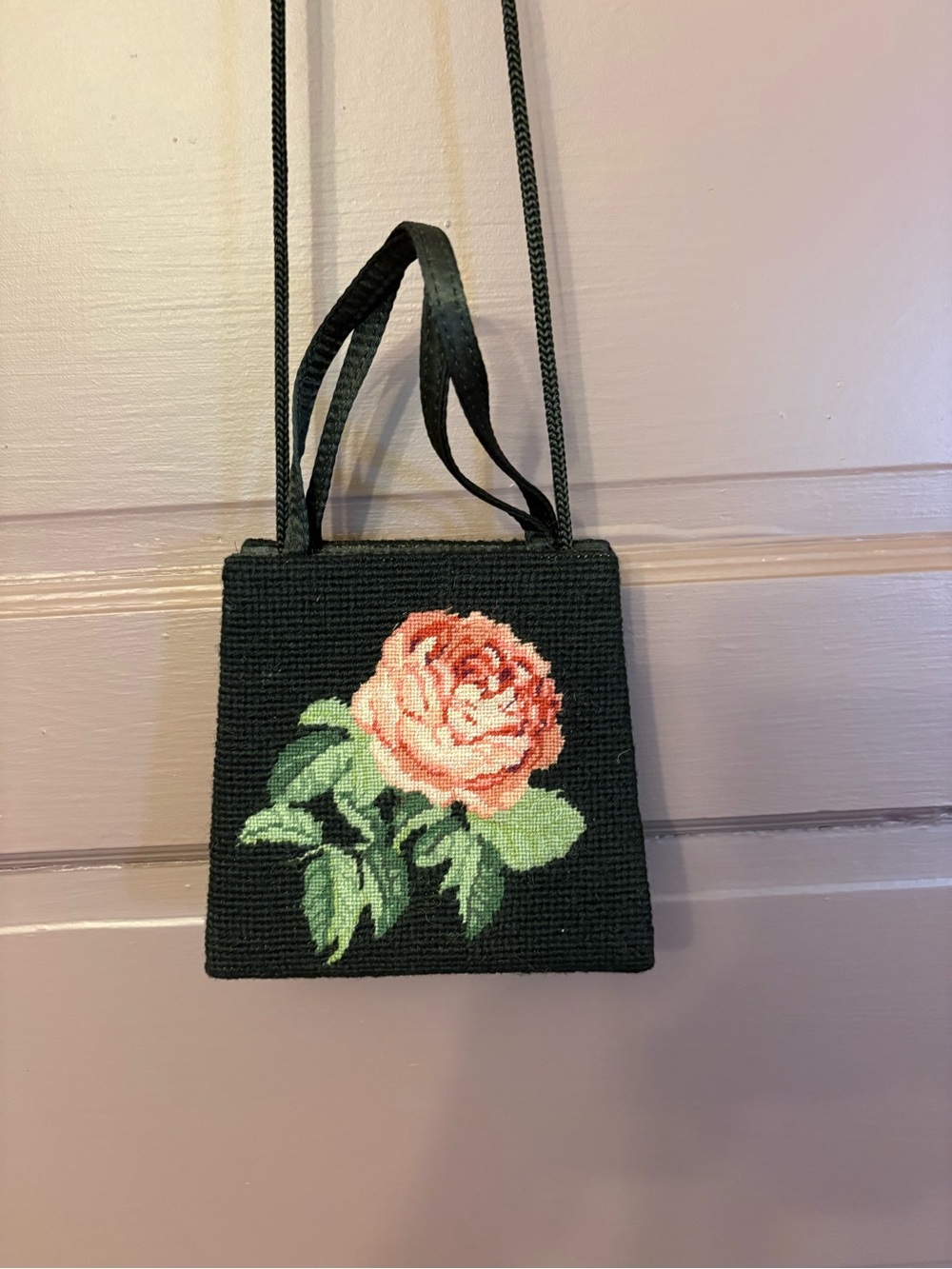 2 Vintage bags, Black Needlepoint Rose Crossbody Bag, Far Nine Black purse